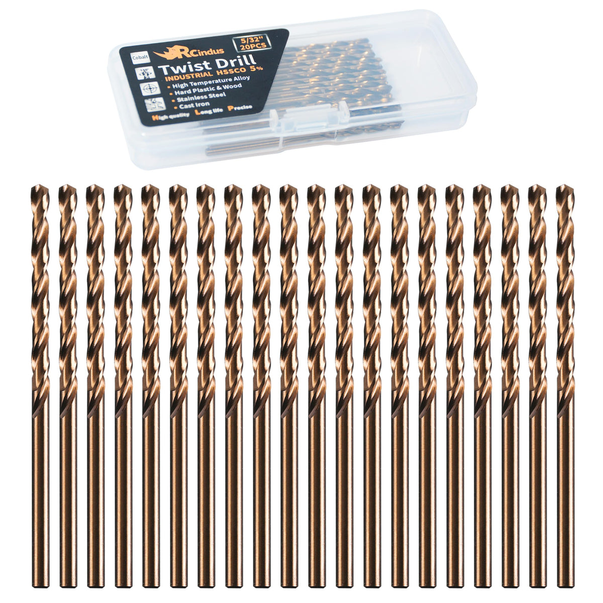 RCINDUS 20-Piece 5/32in Cobalt Drill Bit Set - HSS M35 for Steel, Stainless Steel, Cast Iron, Wood