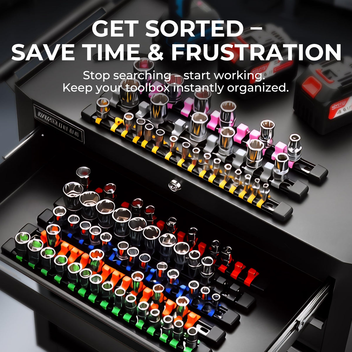 Reniteco 9-Piece Socket Organizer Set - Heavy-Duty ABS Rail with 128 Sockets (1/4 in, 3/8 in, 1/2 in)