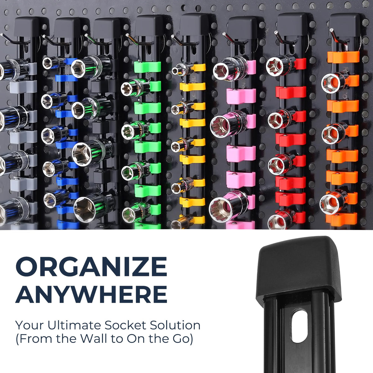 Reniteco 9-Piece Socket Organizer Set - Heavy-Duty ABS Rail with 128 Sockets (1/4 in, 3/8 in, 1/2 in)