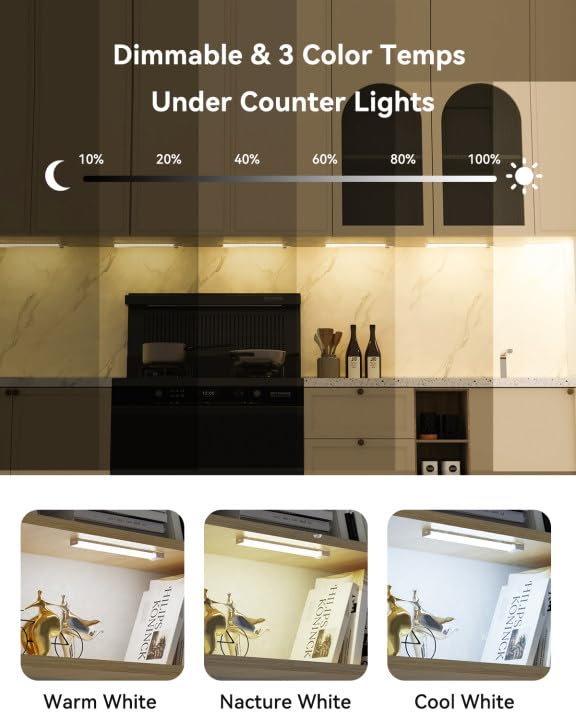 Rihvy Under Cabinet Lighting 8-Inch 6-Pack — Rechargeable Motion Sensor Lights with 3 Color Temperatures & Dimming