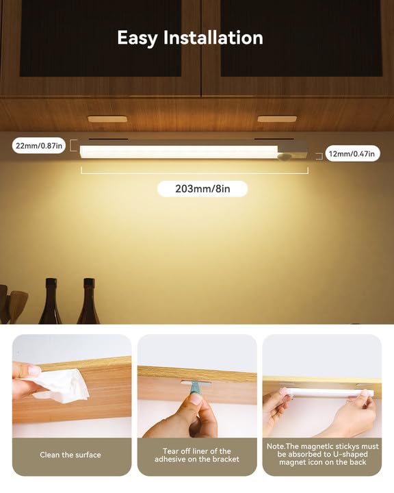 Rihvy Under Cabinet Lighting 8-Inch 6-Pack — Rechargeable Motion Sensor Lights with 3 Color Temperatures & Dimming
