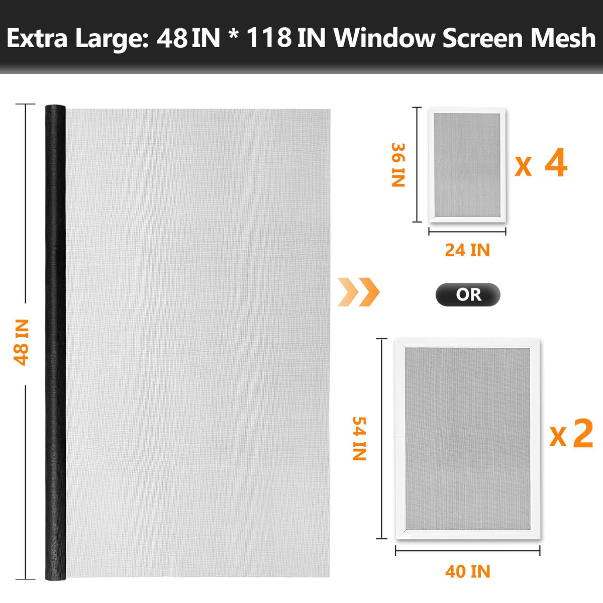 Secopad Window Screens Replacement Repair Kit — Black Fiberglass Mesh with Tools (48in x 118in)