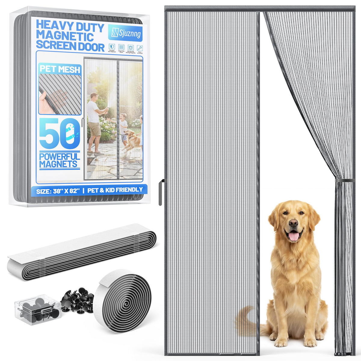 Sjuznng Heavy Duty Magnetic Screen Door Mesh | Auto-Sealing, 50 Magnets, Pet & Kid Friendly
