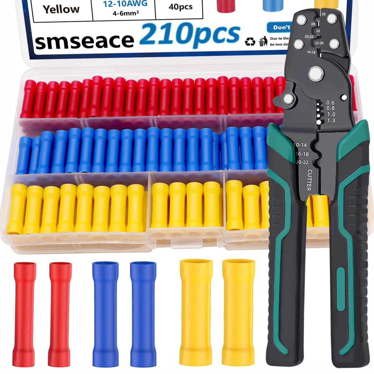 smseace 210PCS Wire Butt Connectors with Crimping Tool – 22-10AWG Insulated Electrical Terminal Set
