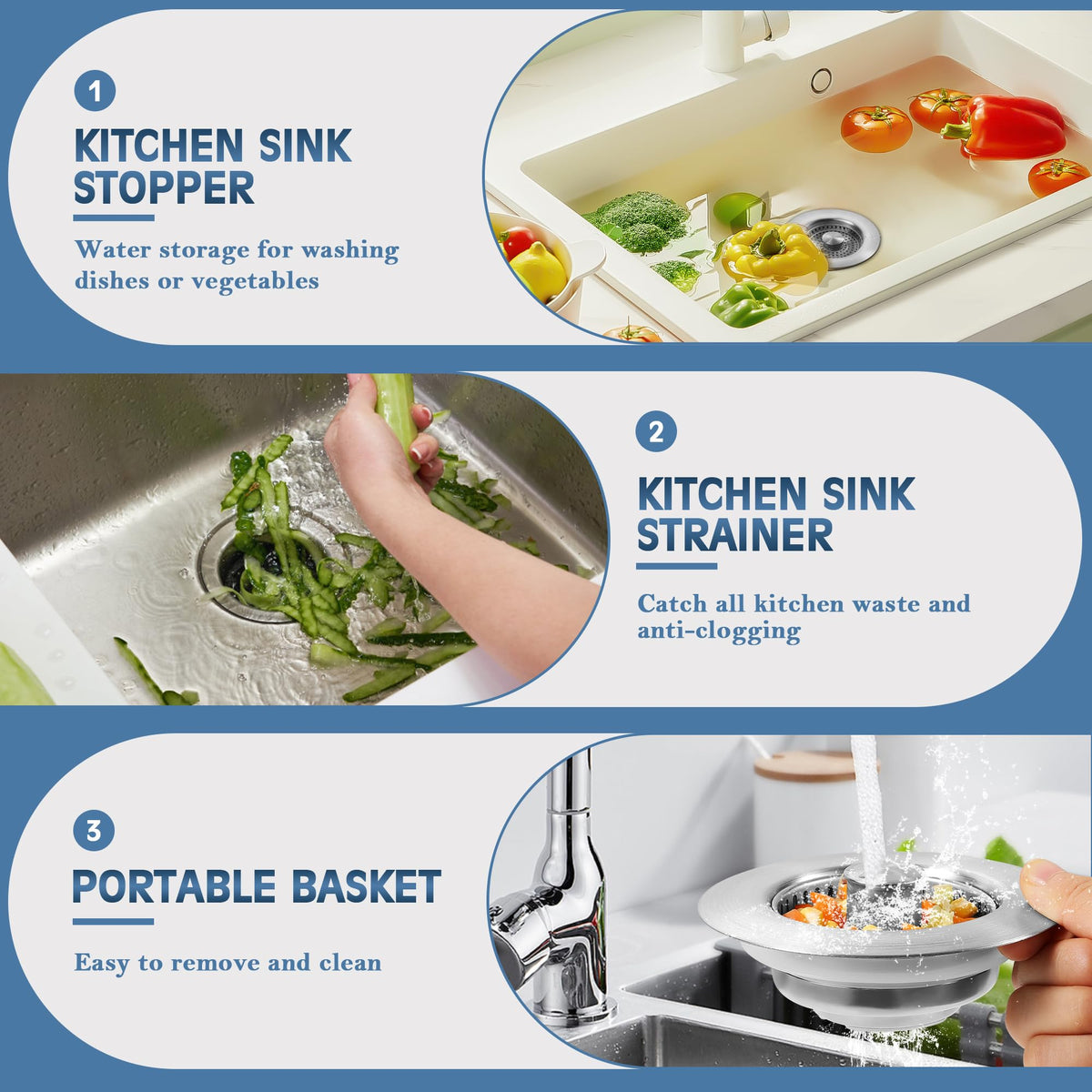 tgosomt Kitchen Sink Drain Strainer 2 Pack – SUS304 Brushed Pop Up Stopper & 3-in-1 Design