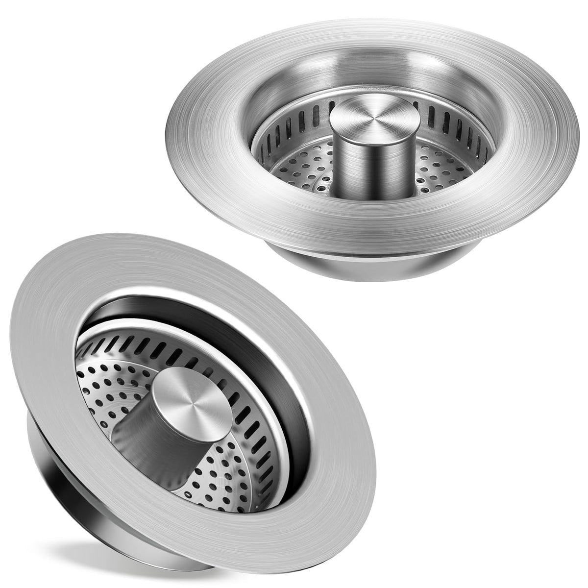 tgosomt Kitchen Sink Drain Strainer 2 Pack – SUS304 Brushed Pop Up Stopper & 3-in-1 Design