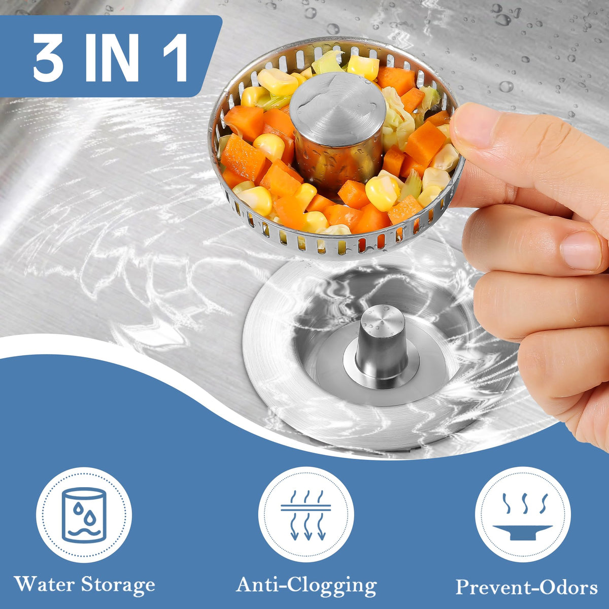 tgosomt Kitchen Sink Drain Strainer 2 Pack – SUS304 Brushed Pop Up Stopper & 3-in-1 Design