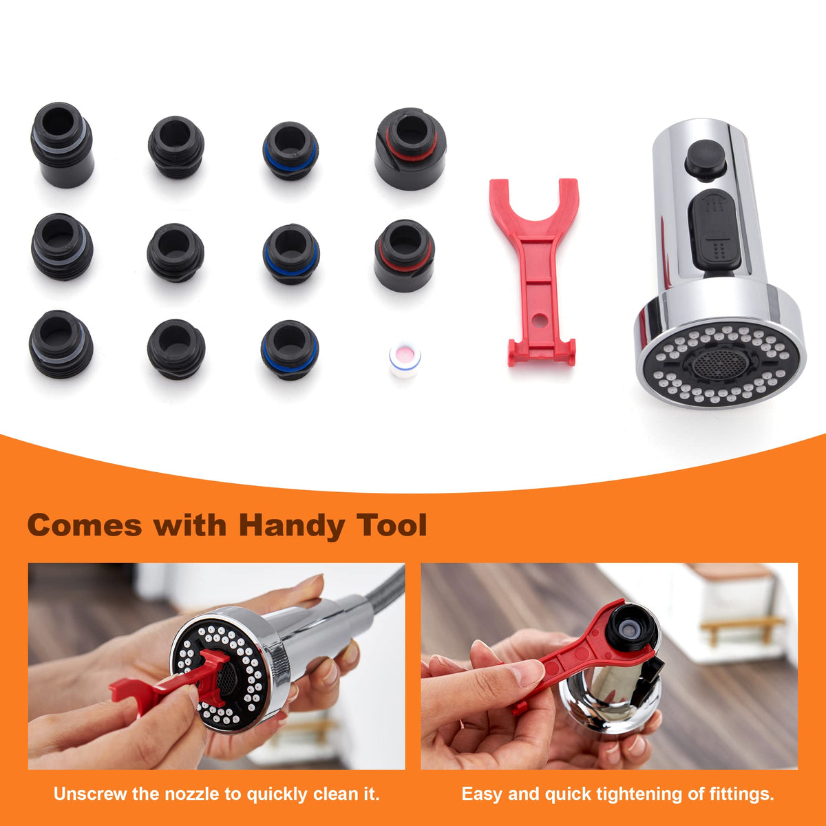 TIORIY Kitchen Faucet Head Replacement — 15 Adapters, 3-Function Pull-Down Spray