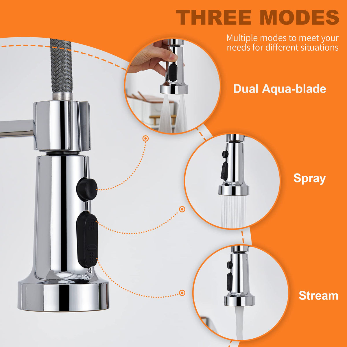 TIORIY Kitchen Faucet Head Replacement — 15 Adapters, 3-Function Pull-Down Spray