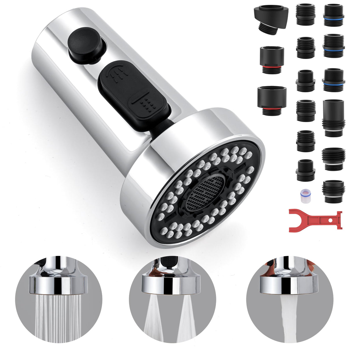TIORIY Kitchen Faucet Head Replacement — 15 Adapters, 3-Function Pull-Down Spray