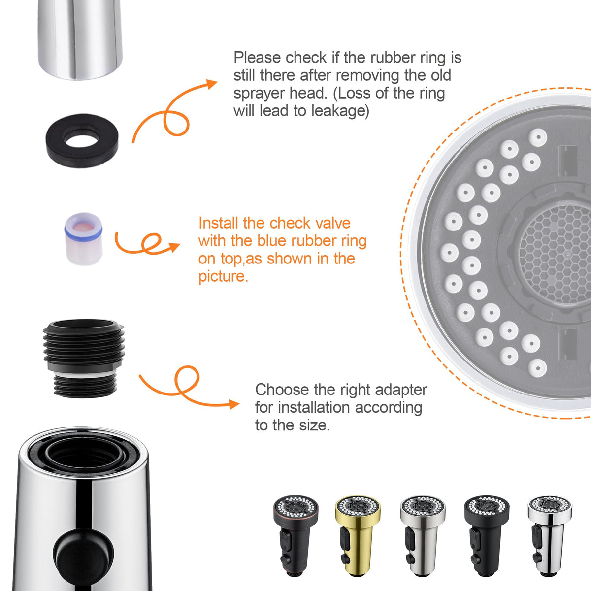TIORIY Kitchen Faucet Head Replacement — 15 Adapters, 3-Function Pull-Down Spray
