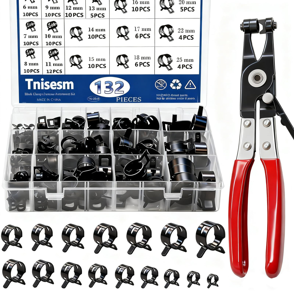 Tnisesm 132Pcs Spring Hose Clamps Kit (6-25mm) with Pliers
