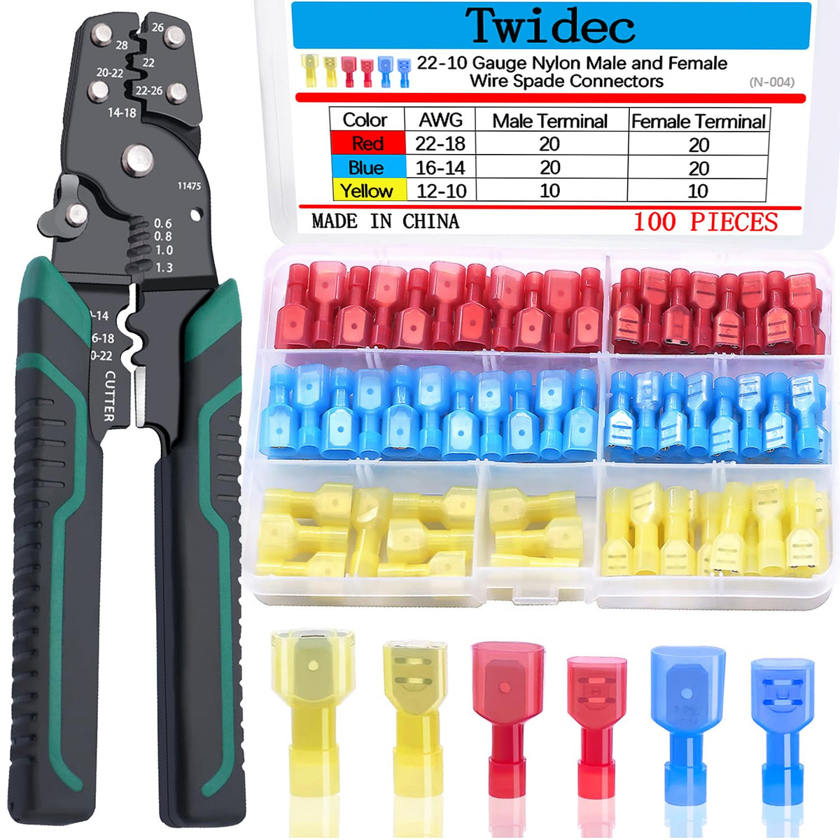 Twidec 100PCS Nylon Spade Connectors Kit 22-10 AWG | Fully Insulated Quick Disconnects + Crimp Tool