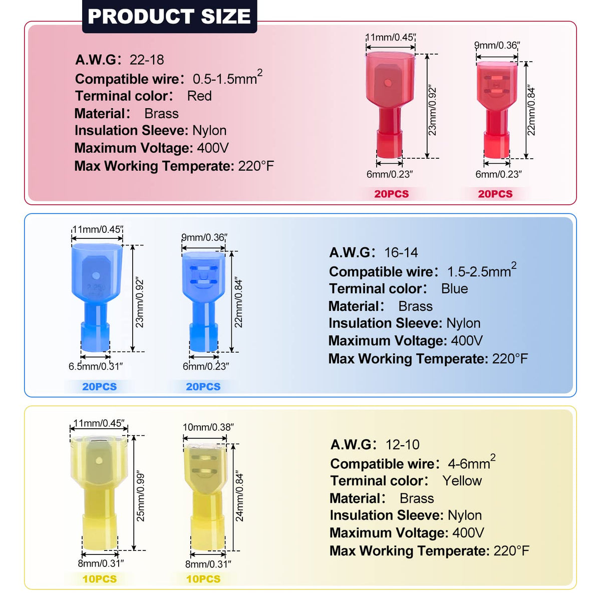 Twidec 100PCS Nylon Spade Connectors Kit 22-10 AWG | Fully Insulated Quick Disconnects + Crimp Tool