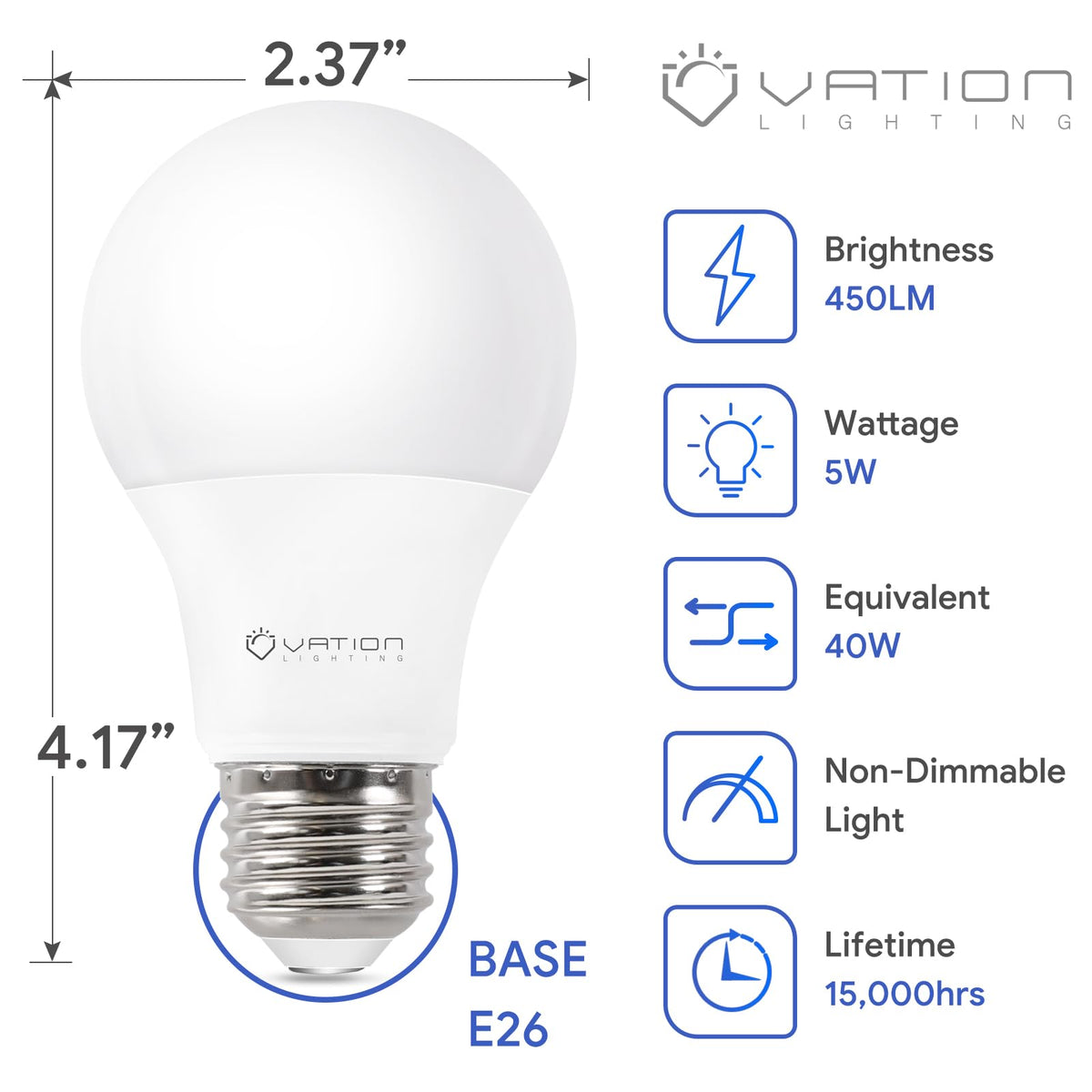 VATION LIGHTING 24 Pack A19 LED Bulbs – 5W, 450 Lumens, 5000K Daylight, E26