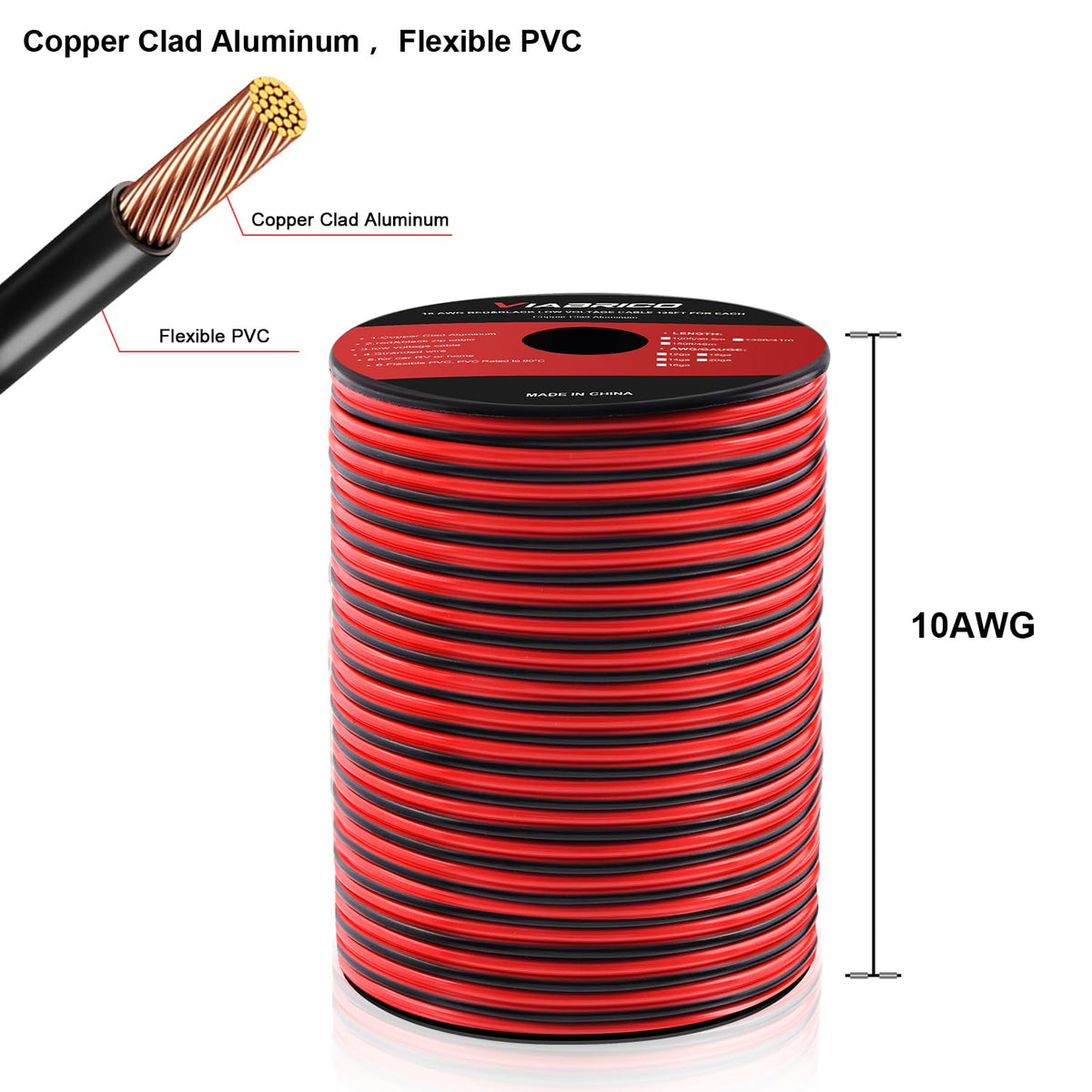 VIABRICO 10 Gauge Wire 100ft – 2-Conductor Low Voltage Cable, Red & Black PVC Insulated CCA for 12V/24V