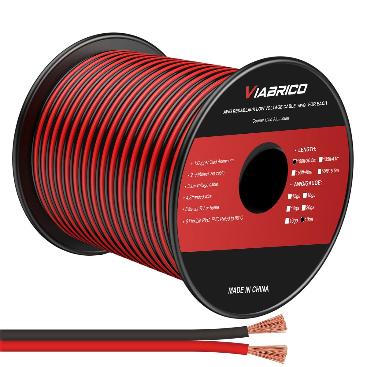 VIABRICO 10 Gauge Wire 100ft – 2-Conductor Low Voltage Cable, Red & Black PVC Insulated CCA for 12V/24V