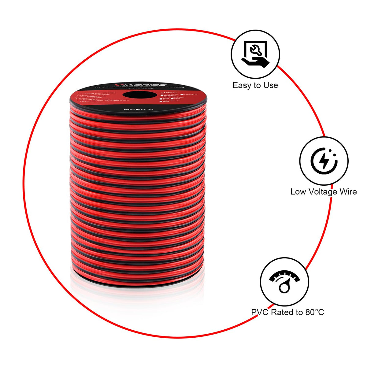VIABRICO 10 Gauge Wire 100ft – 2-Conductor Low Voltage Cable, Red & Black PVC Insulated CCA for 12V/24V