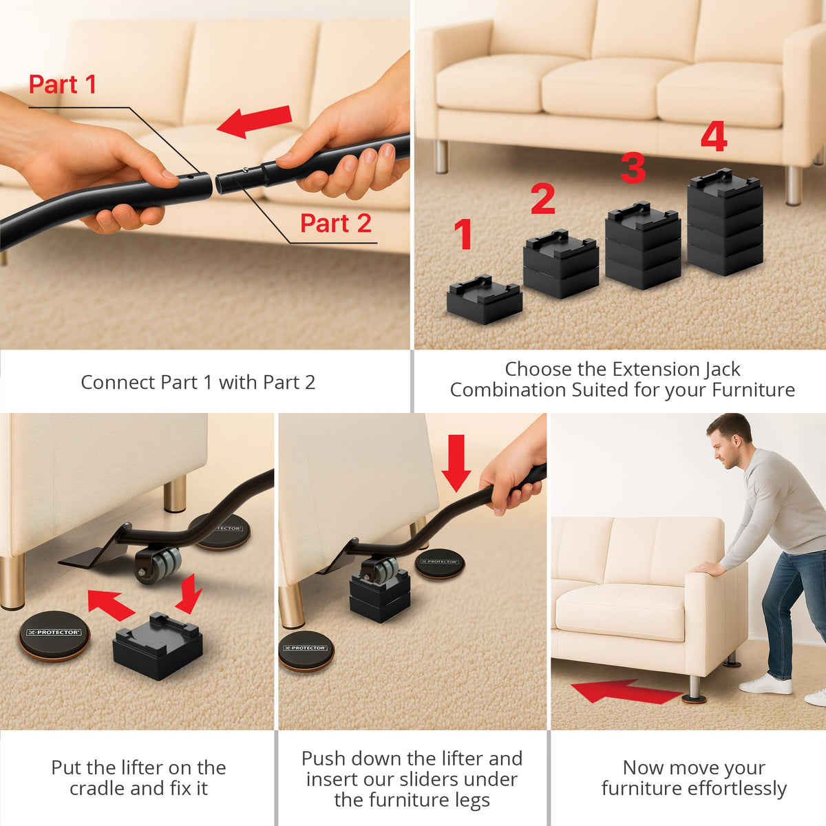 X-Protector Multi-Surface Furniture Sliders & Lifter Set — 4x 5-inch Sliders for Hard Floors & Carpets