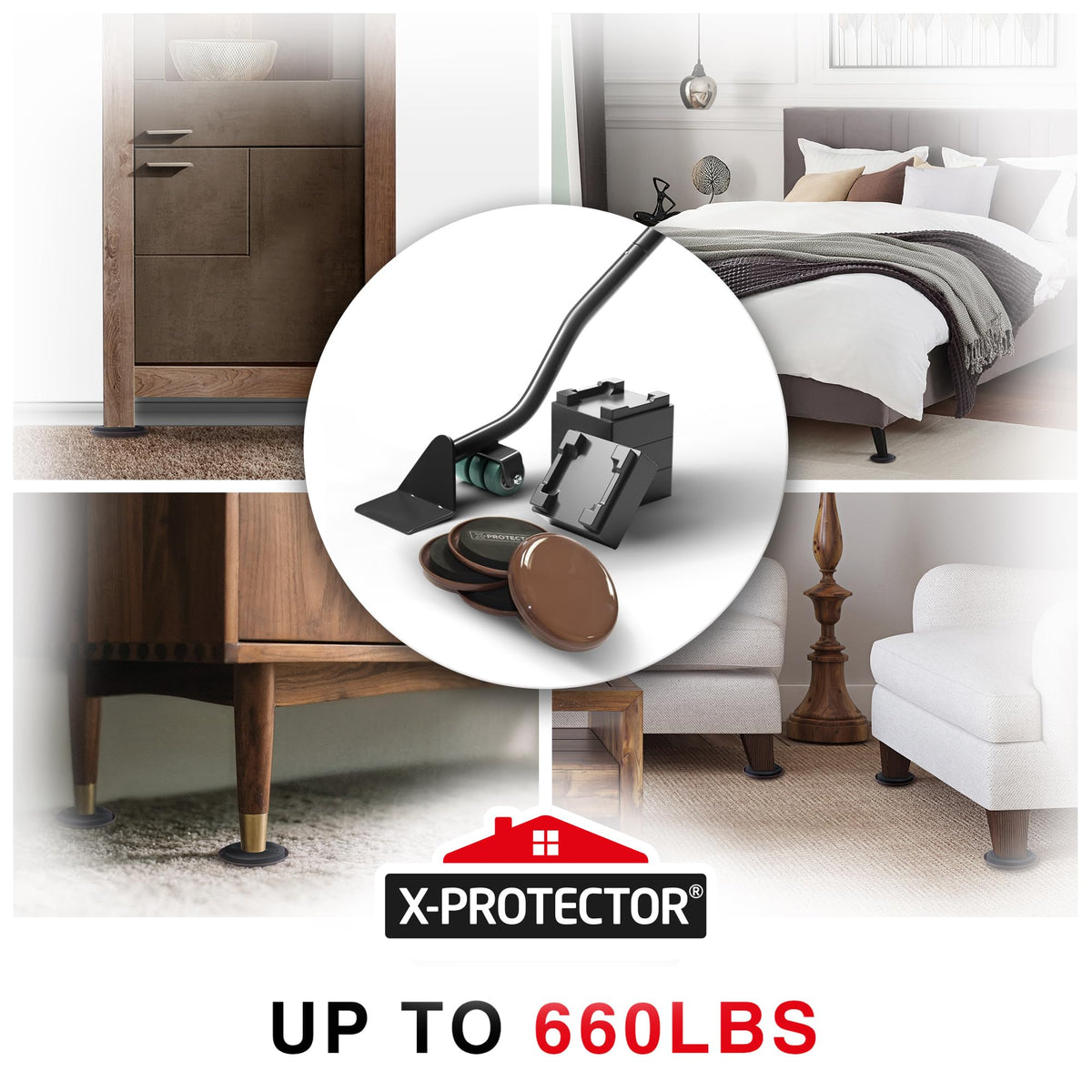 X-Protector Furniture Sliders for Carpet & Lifter Tool Set – 4 Pcs, 3.5-Inch Sliders