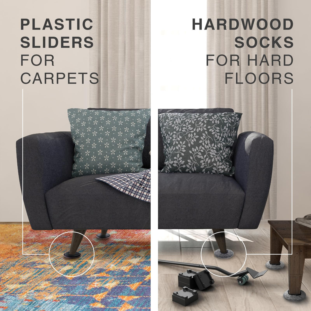 X-Protector Multi-Surface Furniture Sliders & Lifter Set — 4x 5-inch Sliders for Hard Floors & Carpets