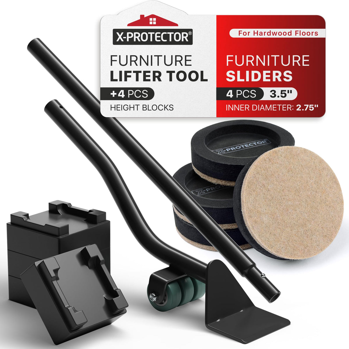 X-Protector Felt Furniture Sliders for Hardwood Floors & Lifter Tool Set — 4-Pack (3.5-inch)