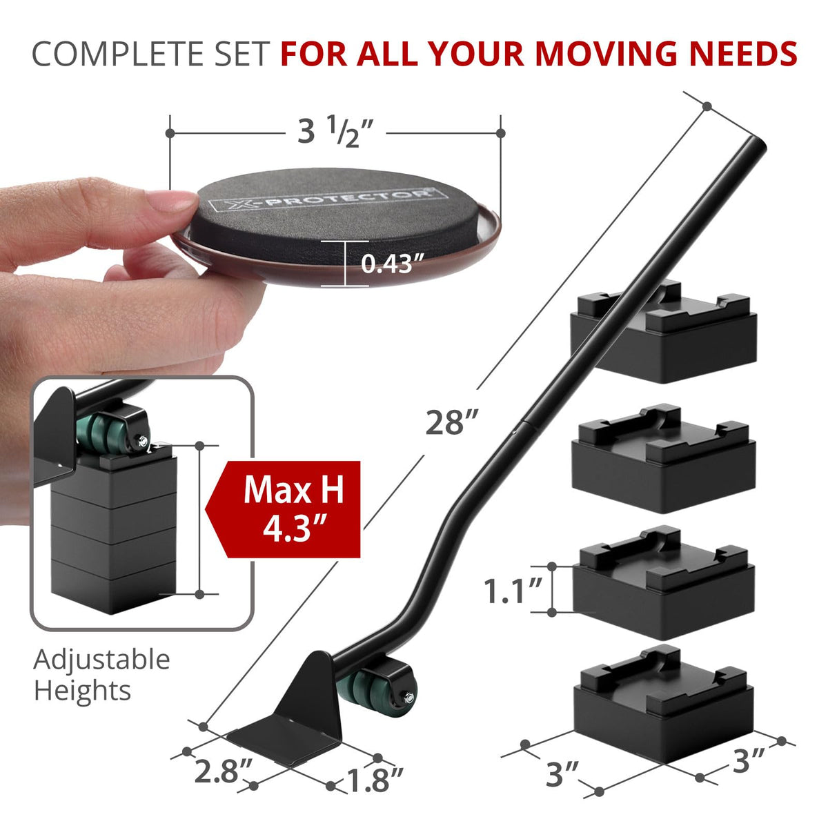 X-Protector Furniture Sliders for Carpet & Lifter Tool Set – 4 Pcs, 3.5-Inch Sliders