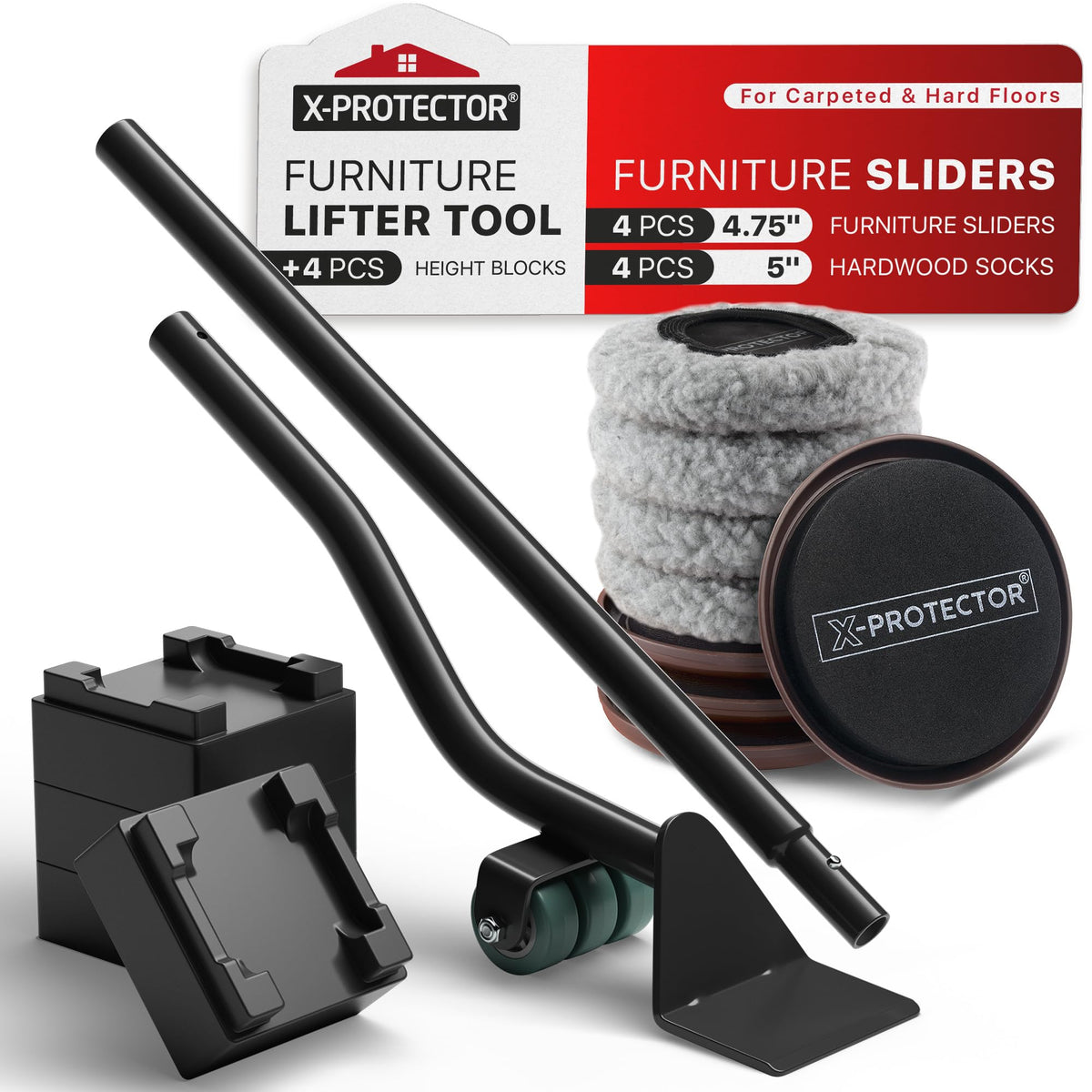 X-Protector Multi-Surface Furniture Sliders & Lifter Set — 4x 5-inch Sliders for Hard Floors & Carpets