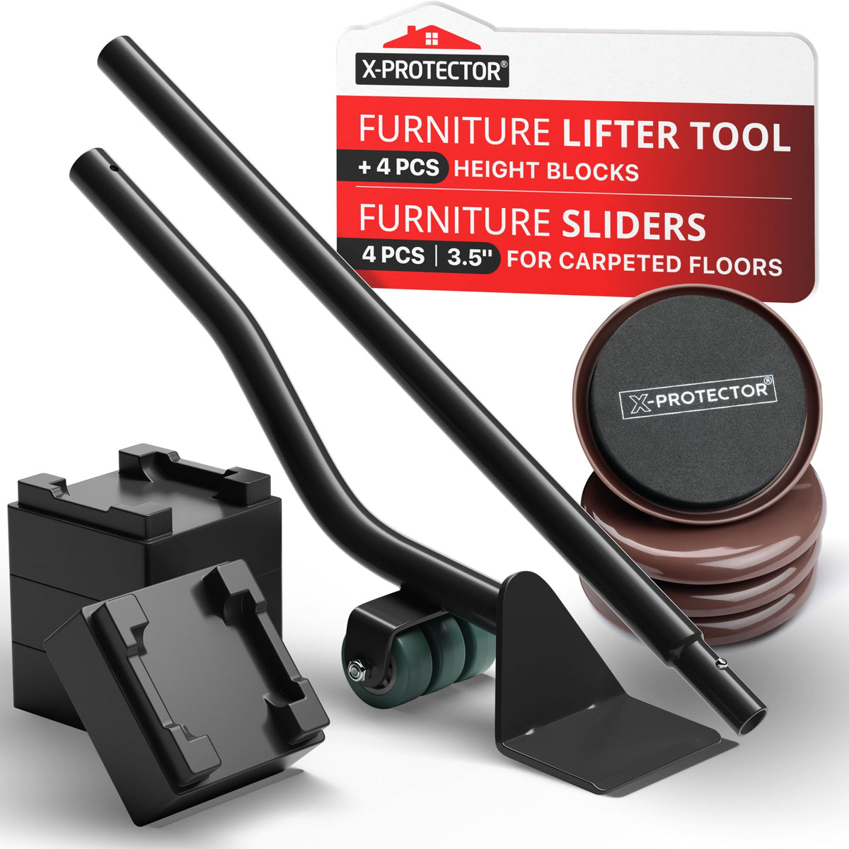 X-Protector Furniture Sliders for Carpet & Lifter Tool Set – 4 Pcs, 3.5-Inch Sliders