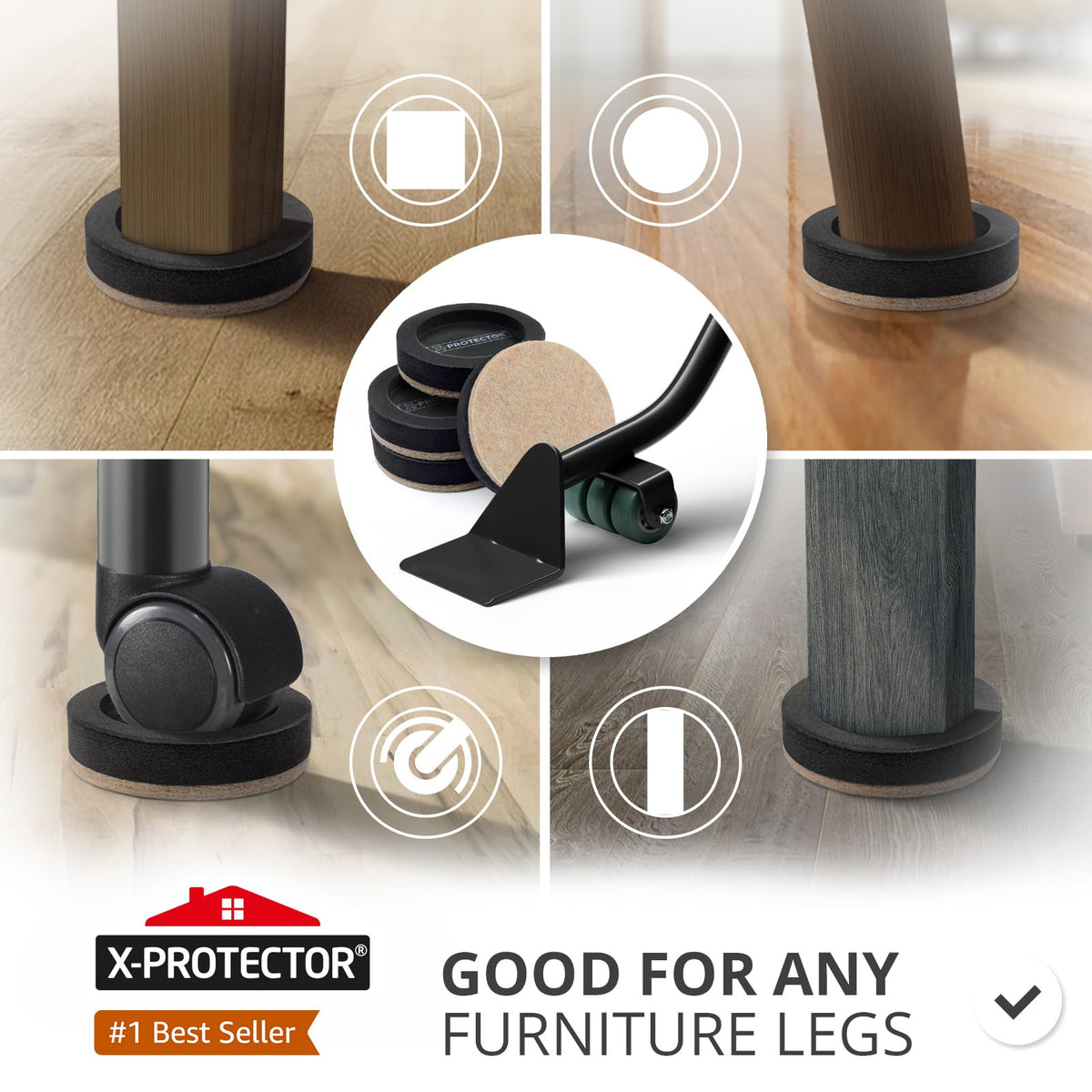 X-Protector Felt Furniture Sliders for Hardwood Floors & Lifter Tool Set — 4-Pack (3.5-inch)