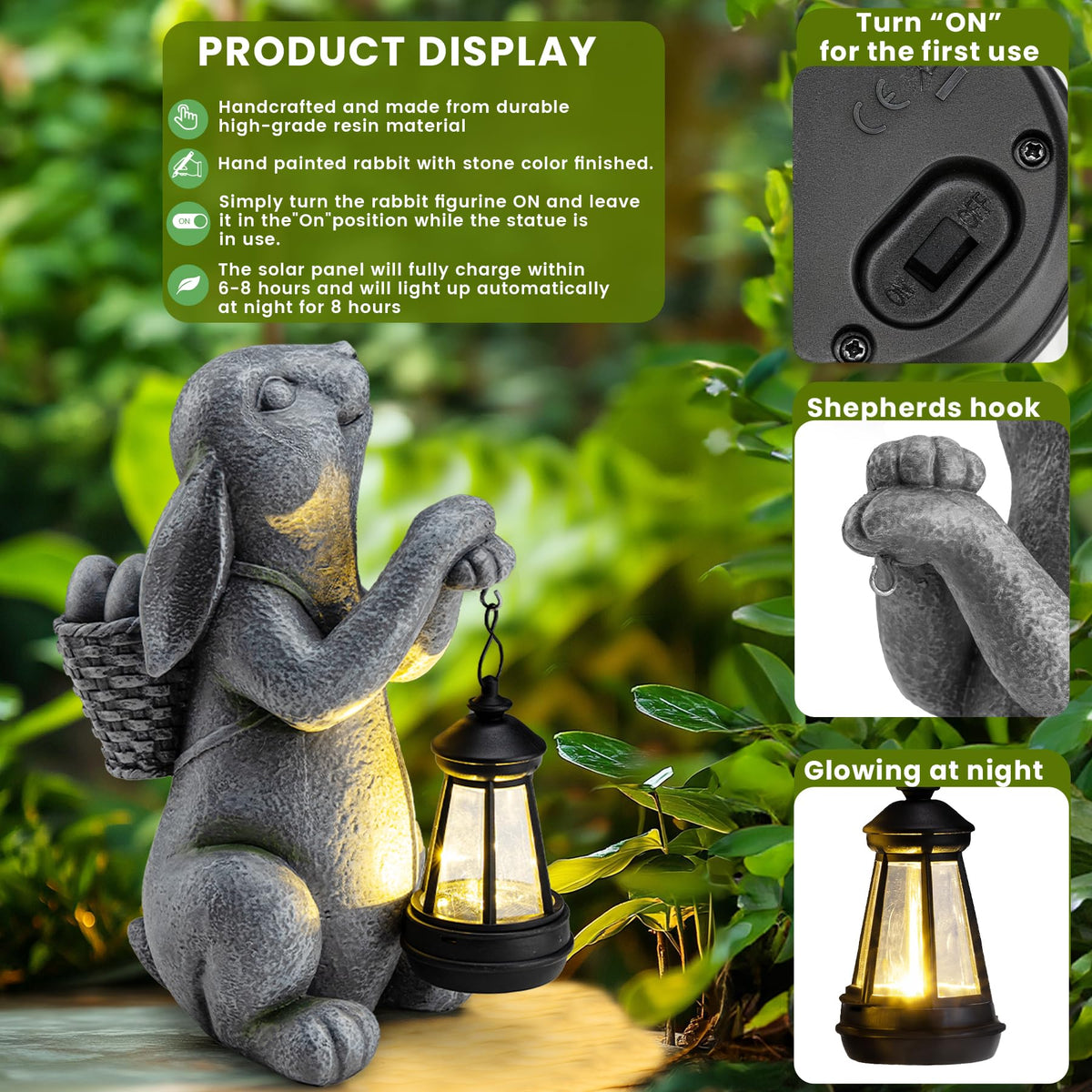 YDKOJGW Solar Garden Rabbit with Lantern — Outdoor Bunny Statue for Patio & Yard