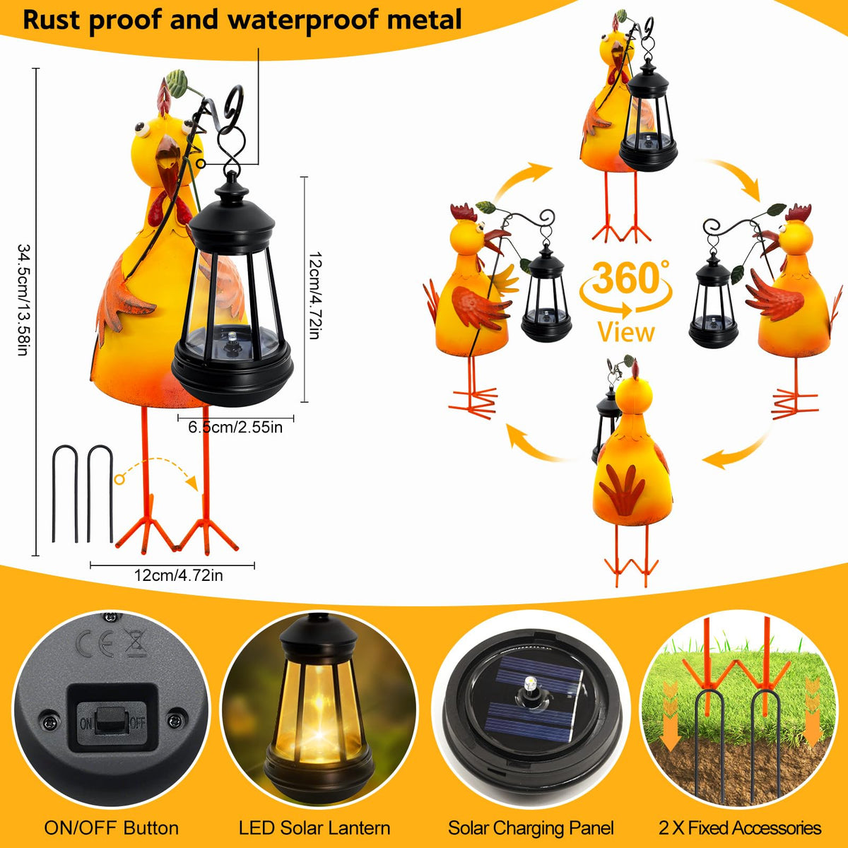 Yulloyello Garden Decor Chicken Solar Statue with Lantern – Waterproof Outdoor Yard Art