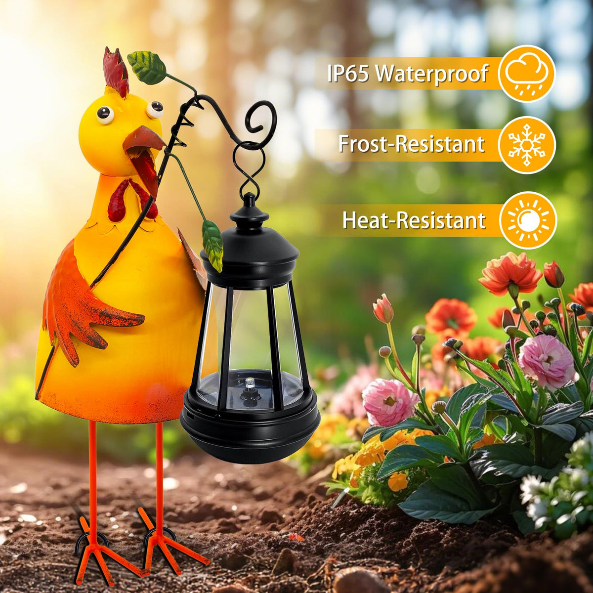 Yulloyello Garden Decor Chicken Solar Statue with Lantern – Waterproof Outdoor Yard Art