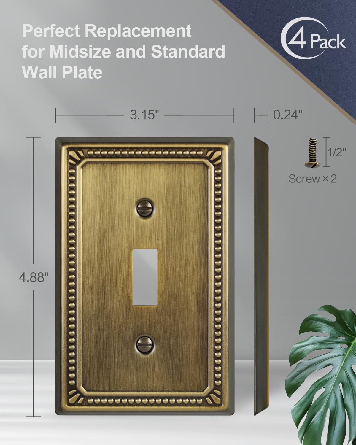 ZILLSEA Antique Brass Pearl Toggle Plate 4-Pack – Midsize Metal Wall Plates